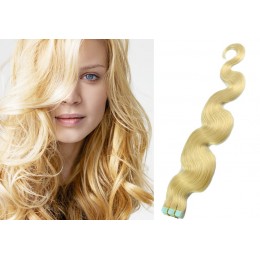 20 inch (50cm) Tape Hair / Tape IN human REMY hair wavy - the lightest blonde