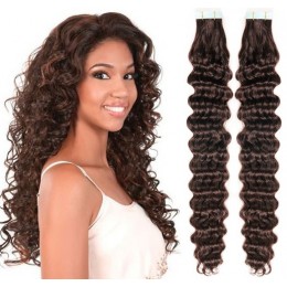 24 inch (60cm) Tape Hair / Tape IN human REMY hair curly - dark brown