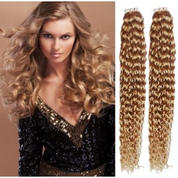 24 inch (60cm) Tape Hair / Tape IN human REMY hair curly - light blonde / natural blonde